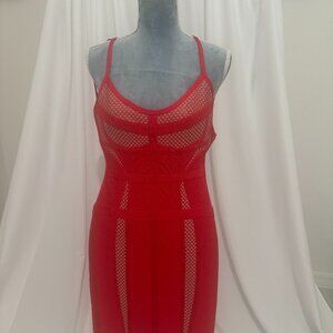 Herve Leger Red/Beige Paris Body Con Dress